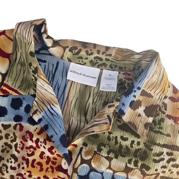 Alfred Dunner Tops - Alfred Dunner Womens 16 Multicolor Animal Print Short Sleeve Button Front Shirt
